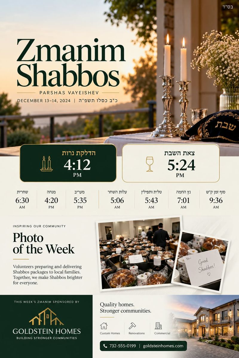 Sample English weekly Shabbos zmanim flyer with candle lighting time, havdalah and a sponsor ad